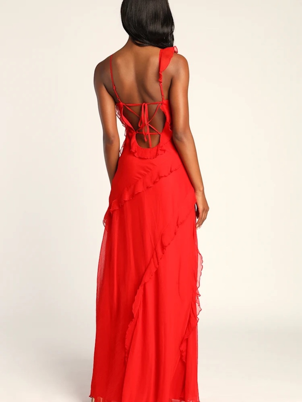Lulu's Red Ruffled V-Neck Maxi with High Slit - Picture 2 of 5